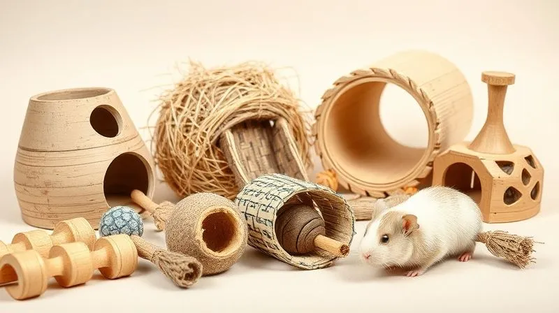 A photorealistic, professional photography shot of a variety of durable and safe rodent toys made from natural wood, woven hay, and cardboard, arranged aesthetically on a clean, light background. The toys show no signs of breakage or weakness, emphasizing robust construction. Cinematic lighting, sharp focus on the textures of the materials, depth of field subtly blurring the background. 8K hyper-detailed, shot on a high-end DSLR, conveying trust and quality.