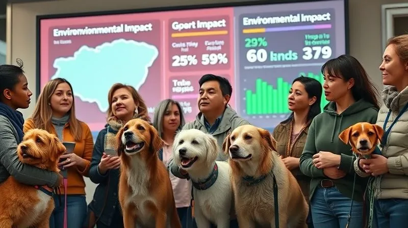 A photorealistic image of a diverse group of pet owners, holding their dogs on leashes, looking thoughtfully at a large digital screen displaying environmental impact statistics, with a concerned yet hopeful expression. Cinematic lighting, sharp focus on the faces, depth of field blurring the background, 8K hyper-detailed, professional photography, shot on a high-end DSLR. A photorealistic image of a diverse group of pet owners, holding their dogs on leashes, looking thoughtfully at a large digital screen displaying environmental impact statistics, with a concerned yet hopeful expression. Cinematic lighting, sharp focus on the faces, depth of field blurring the background, 8K hyper-detailed, professional photography, shot on a high-end DSLR.