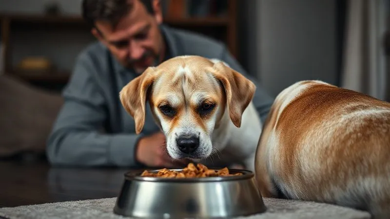 photorealistic, professional photography, 8K, cinematic lighting, sharp focus, depth of field, shot on a high-end DSLR, a worried owner looking at an untouched bowl of dog food, a senior dog turning its head away with a subtle grimace, soft, melancholic lighting, conveying concern and frustration, highlighting a common struggle. photorealistic, professional photography, 8K, cinematic lighting, sharp focus, depth of field, shot on a high-end DSLR, a worried owner looking at an untouched bowl of dog food, a senior dog turning its head away with a subtle grimace, soft, melancholic lighting, conveying concern and frustration, highlighting a common struggle.