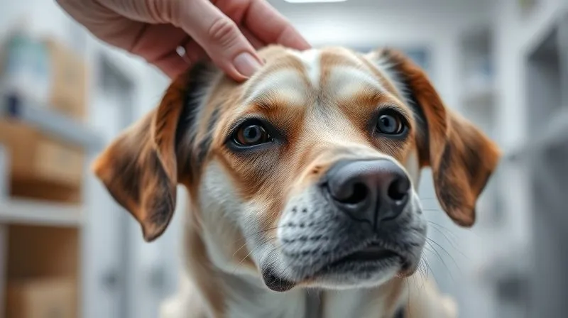 A close-up, photorealistic image of an elderly dog's face, looking slightly confused but calm, with soft, gentle eyes. A veterinarian's hand is gently examining its head, indicating care and diagnostic process. Cinematic lighting, sharp focus on the dog's expression, depth of field blurring the background of a clean veterinary clinic. Professional photography, 8K, shot on a high-end DSLR.