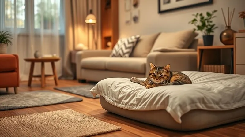 A photorealistic image of a cozy living room, adapted for an elderly pet. There are soft ramps leading to a sofa, non-slip mats on the floor, and a warm, soft orthopedic bed in a quiet corner. Soft, ambient lighting creates a calming atmosphere. An elderly cat is comfortably curled up on the bed. Professional photography, 8K, cinematic lighting, sharp focus, depth of field. Shot on a high-end DSLR.