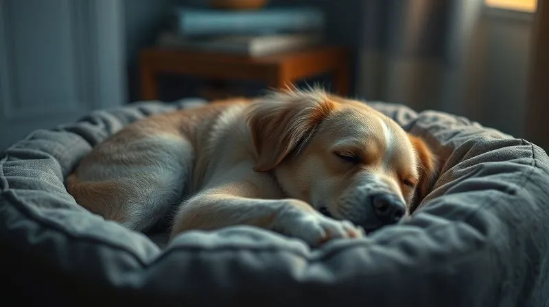 A photorealistic image of an elderly dog, peacefully sleeping in a soft, round bed in a dimly lit room, with a soft night light casting a gentle glow. The atmosphere is calm and soothing, emphasizing comfort and rest. Professional photography, 8K, cinematic lighting, sharp focus on the dog, depth of field blurring the background. Shot on a high-end DSLR.