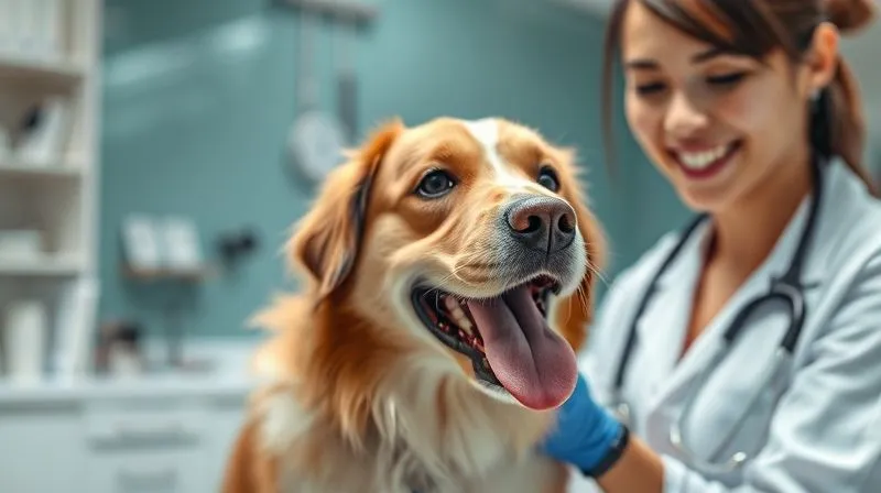 Photorealistic image of a happy, healthy dog getting a gentle check-up at a modern veterinary clinic, with a caring vet smiling. Cinematic lighting, sharp focus on the dog and vet, depth of field blurring the background, 8K hyper-detailed.