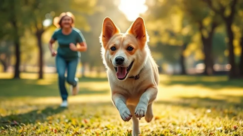 Photorealistic image of a joyful, energetic dog running freely in a sunlit park, its owner smiling in the background. Cinematic lighting, sharp focus on the dog in motion, depth of field creating a soft blur, 8K hyper-detailed.