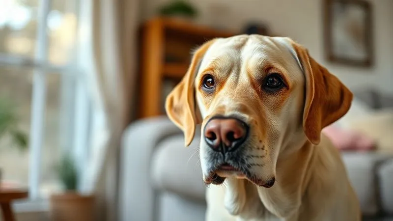 A photorealistic image of an elderly dog, perhaps a Labrador, looking confused or disoriented in a familiar home setting, with soft, natural lighting. The dog's eyes show a hint of bewilderment, and the background is slightly blurred to emphasize the dog's expression. professional photography, 8K, cinematic lighting, sharp focus, depth of field, shot on a high-end DSLR A photorealistic image of an elderly dog, perhaps a Labrador, looking confused or disoriented in a familiar home setting, with soft, natural lighting. The dog's eyes show a hint of bewilderment, and the background is slightly blurred to emphasize the dog's expression. professional photography, 8K, cinematic lighting, sharp focus, depth of field, shot on a high-end DSLR