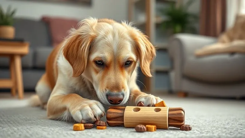 A photorealistic image of an elderly dog engaging with a puzzle toy, trying to get treats. The dog looks focused and engaged, with soft, warm lighting in a comfortable home environment. professional photography, 8K, cinematic lighting, sharp focus, depth of field, shot on a high-end DSLR A photorealistic image of an elderly dog engaging with a puzzle toy, trying to get treats. The dog looks focused and engaged, with soft, warm lighting in a comfortable home environment. professional photography, 8K, cinematic lighting, sharp focus, depth of field, shot on a high-end DSLR