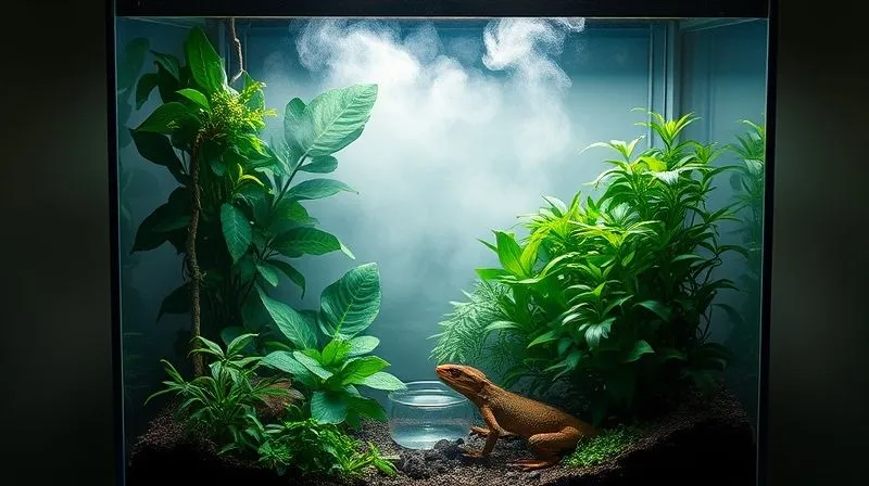 Photorealistic image of a reptile terrarium with a fine mist from a fogger filling the air, lush green plants, and a small, shallow water dish. Cinematic lighting creating a soft, ethereal glow, 8K, DSLR photography.
