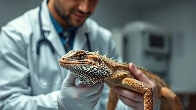 Photorealistic, high-detail image of a veterinarian examining an elderly bearded dragon with a gentle touch, checking for signs of respiratory distress or skin issues, in a clean, professional clinic setting. Cinematic lighting, sharp focus on the pet, 8K, DSLR photography.