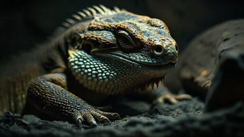 A photorealistic image of a senior bearded dragon looking lethargic and withdrawn in its enclosure, with dim lighting and a slightly hunched posture, professional photography, 8K, cinematic lighting, sharp focus, depth of field, shot on a high-end DSLR. A photorealistic image of a senior bearded dragon looking lethargic and withdrawn in its enclosure, with dim lighting and a slightly hunched posture, professional photography, 8K, cinematic lighting, sharp focus, depth of field, shot on a high-end DSLR.
