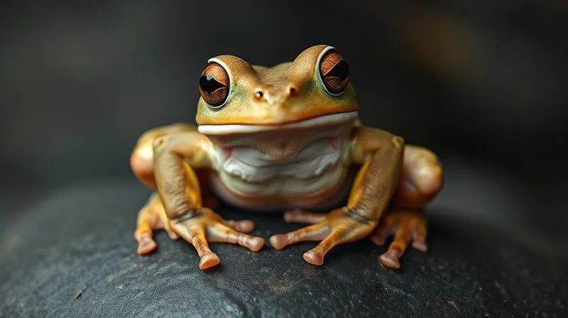 A photorealistic close-up of an elderly, slightly lethargic exotic tree frog, its skin appearing duller than usual, with a subtle puffiness around its eyes. The frog is sitting still on a smooth, dark pebble, cinematic lighting emphasizing its posture, sharp focus on its face, 8K hyper-detailed, professional photography.