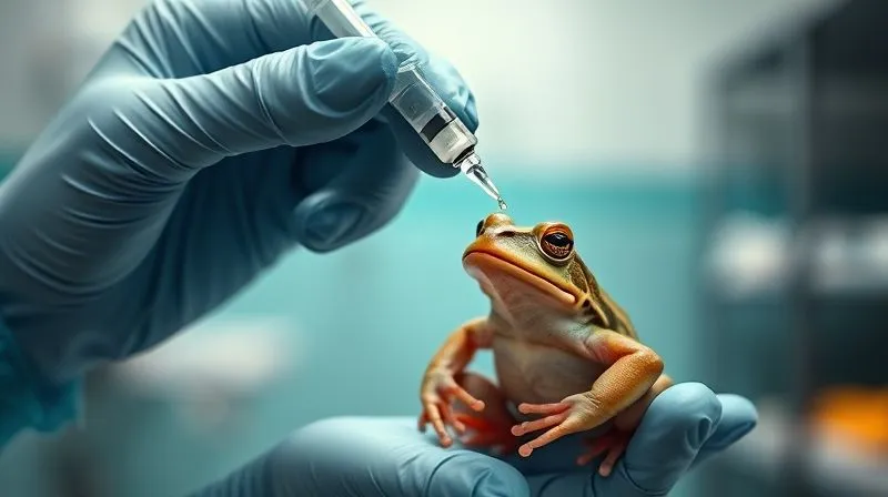 A photorealistic image of a gloved hand gently holding an elderly, exotic frog, with a small syringe carefully administering a few drops of water or medication to its mouth. The frog looks calm, set against a softly blurred background of a clean veterinary clinic, cinematic lighting, sharp focus on the interaction, 8K hyper-detailed, professional photography.