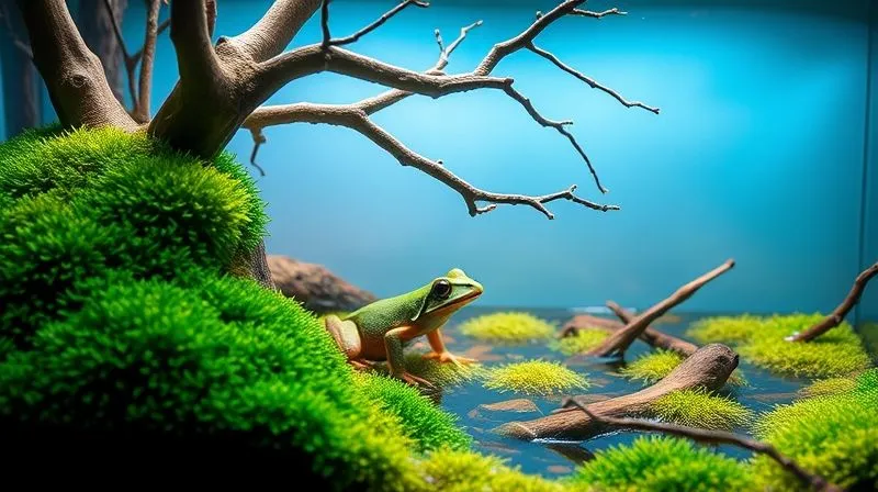 A photorealistic, pristine terrarium for an exotic frog, meticulously set up with lush, vibrant green moss, clean, clear water in a shallow pool, and naturalistic branches. The lighting is soft and ambient, highlighting the cleanliness and ideal humidity, sharp focus on the details of the environment, 8K hyper-detailed, professional photography.