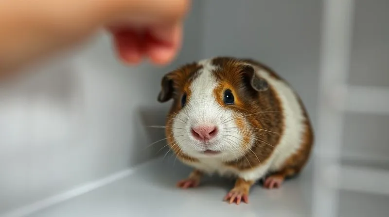 A photorealistic image of an elderly guinea pig, slightly hunched with dull eyes, resting in a corner of its cage, while a blurred human hand gently observes from outside. The cage is clean but simple, emphasizing the animal's quiet solitude. Cinematic lighting, sharp focus on the guinea pig's posture, 8K hyper-detailed, shot on a high-end DSLR, conveying subtle signs of discomfort and the need for careful observation.