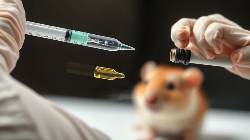 A photorealistic close-up of a tiny, precise syringe being gently held by a gloved veterinarian's hand, preparing to administer a clear liquid medication to a blurred, soft-furred small rodent in the background. The lighting is clinical yet soft, highlighting the precision and care involved. Sharp focus on the syringe and the vet's hand, depth of field blurring the animal, 8K hyper-detailed, shot on a high-end DSLR, emphasizing careful medical treatment.