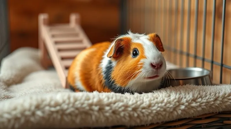 A photorealistic image of an elderly guinea pig looking content and comfortable, resting on a soft, plush blanket inside a modified habitat with a gentle ramp leading to a food bowl. Warm, natural lighting, sharp focus on the guinea pig's relaxed expression, depth of field blurring the background elements of the adapted cage. 8K hyper-detailed, shot on a high-end DSLR, conveying a sense of peace and improved quality of life.