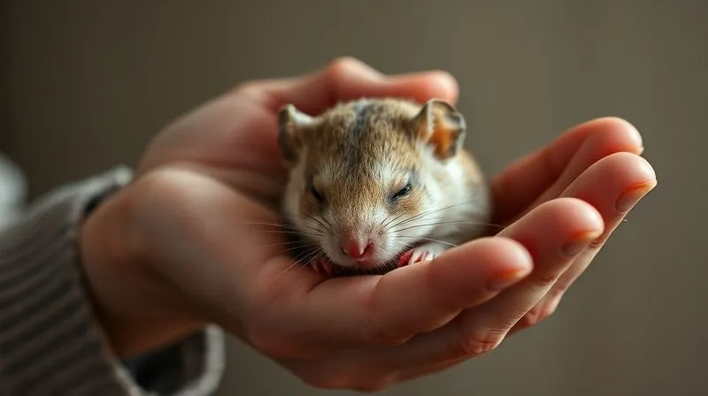 A photorealistic, emotionally resonant image of a gentle human hand softly cradling a very elderly, peaceful-looking small rodent (e.g., a hamster or mouse). The rodent's eyes are closed, suggesting calm and rest. Soft, warm cinematic lighting, sharp focus on the delicate interaction, depth of field blurring a serene, simple background. 8K hyper-detailed, shot on a high-end DSLR, conveying profound love, comfort, and a tender farewell.