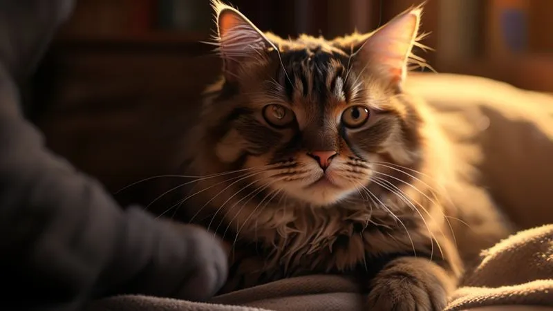 A photorealistic image of an elderly cat with a concerned look, its fur slightly disheveled, being gently stroked by a human hand. The lighting is soft and warm, highlighting the cat's subtle physical changes. Sharp focus on the cat's face and the human hand, depth of field blurring a cozy home background. 8K, professional photography, cinematic lighting, shot on a high-end DSLR. A photorealistic image of an elderly cat with a concerned look, its fur slightly disheveled, being gently stroked by a human hand. The lighting is soft and warm, highlighting the cat's subtle physical changes. Sharp focus on the cat's face and the human hand, depth of field blurring a cozy home background. 8K, professional photography, cinematic lighting, shot on a high-end DSLR.