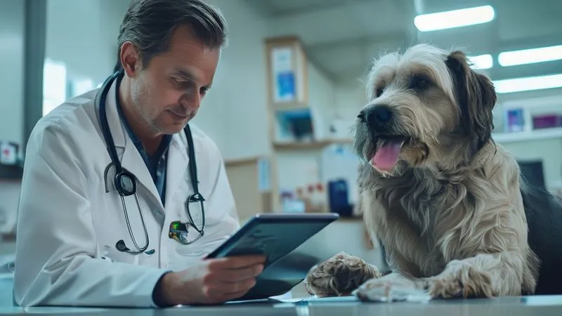 A photorealistic image of a kind and knowledgeable veterinarian, with a warm smile, explaining complex lab results on a tablet to a concerned pet owner. The pet owner is actively listening, and a calm, elderly dog is resting near their feet. The setting is a clean, modern veterinary clinic. Cinematic lighting, sharp focus on the faces and tablet, depth of field blurring the background. 8K, professional photography, shot on a high-end DSLR, conveying trust and clarity. A photorealistic image of a kind and knowledgeable veterinarian, with a warm smile, explaining complex lab results on a tablet to a concerned pet owner. The pet owner is actively listening, and a calm, elderly dog is resting near their feet. The setting is a clean, modern veterinary clinic. Cinematic lighting, sharp focus on the faces and tablet, depth of field blurring the background. 8K, professional photography, shot on a high-end DSLR, conveying trust and clarity.