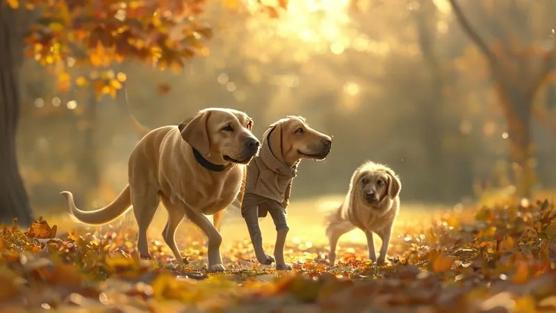 A photorealistic image of an elderly dog, a gentle Labrador, walking slowly and contentedly beside its owner in a beautiful, sunlit park during autumn. The dog's movements are graceful despite its age, and the owner is looking at the dog with affection. The background is a soft blur of autumn leaves and warm light. 8K, professional photography, cinematic lighting, sharp focus on the dog and owner, depth of field. Shot on a high-end DSLR. A photorealistic image of an elderly dog, a gentle Labrador, walking slowly and contentedly beside its owner in a beautiful, sunlit park during autumn. The dog's movements are graceful despite its age, and the owner is looking at the dog with affection. The background is a soft blur of autumn leaves and warm light. 8K, professional photography, cinematic lighting, sharp focus on the dog and owner, depth of field. Shot on a high-end DSLR.