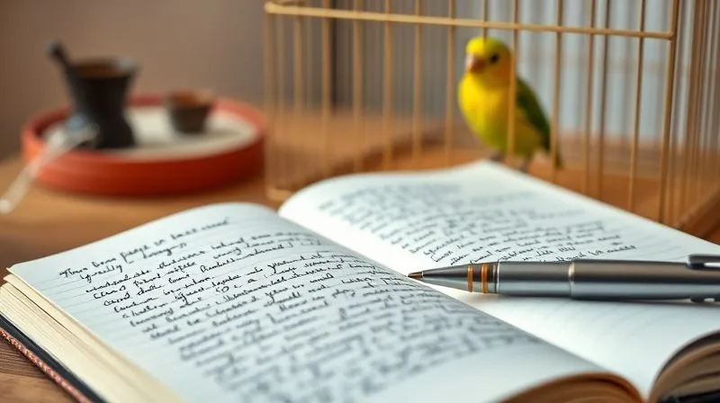 A photorealistic, professional photography, 8K image of an open journal or notebook with detailed handwritten observations about a pet bird's daily activities, food intake, and subtle behavioral changes. A pen rests beside it, and in the background, out of focus, a small, elegant exotic bird is perched in its cage. Cinematic lighting, sharp focus on the journal entries, depth of field. Shot on a high-end DSLR.