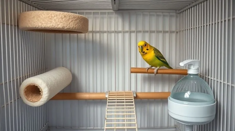 A photorealistic, professional photography, 8K image showcasing a comfortable, adapted bird cage interior. There are soft, varied-diameter perches at different heights, a small ramp leading to a food bowl, and a clean, fresh water dispenser. The overall impression is one of safety, comfort, and thoughtful design for an elderly bird. Cinematic lighting, sharp focus on the cage interior, depth of field. Shot on a high-end DSLR.