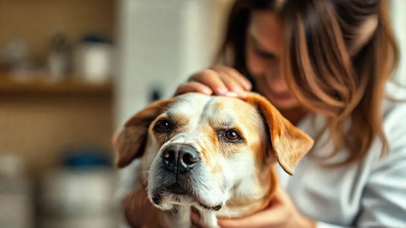 A photorealistic, professional photography image of a veterinarian gently examining the head of an elderly, calm dog, with a soft, warm light emphasizing the bond and care. The background is a blurred, clean vet clinic setting, 8K, cinematic lighting, sharp focus on the dog's face and vet's hands, depth of field, shot on a high-end DSLR.