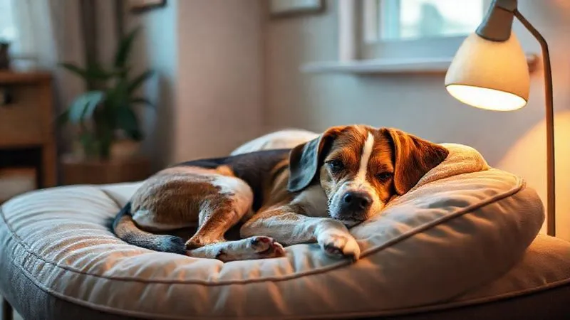 A photorealistic image of a cozy, safe corner in a living room, with an elderly dog (a beagle or terrier mix) resting comfortably on a soft, orthopedic bed. There are no obstacles, a warm, dim lamp is on nearby, and a soft blanket is draped over the dog. Cinematic lighting, sharp focus on the dog and its immediate surroundings, depth of field, 8K, professional photography, shot on a high-end DSLR.