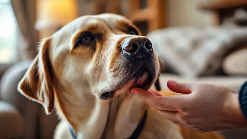 A photorealistic image of an elderly Labrador dog looking up with a gentle, calm expression at a loving human hand softly stroking its head. The setting is a warm, cozy home environment, highlighting the bond and comfort. Cinematic lighting, sharp focus on the dog and hand, depth of field, 8K, professional photography, shot on a high-end DSLR.