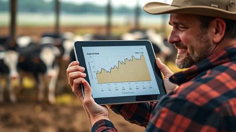 A photorealistic image of a farmer reviewing a digital tablet displaying a clear, professional graph. The graph shows a significant upward trend in milk production and a downward trend in veterinary costs over a 90-day period, representing the positive impact of specialized feed. The farmer looks satisfied, with cinematic lighting and sharp focus on the tablet screen, 8K hyper-detailed, shot on a high-end DSLR. A photorealistic image of a farmer reviewing a digital tablet displaying a clear, professional graph. The graph shows a significant upward trend in milk production and a downward trend in veterinary costs over a 90-day period, representing the positive impact of specialized feed. The farmer looks satisfied, with cinematic lighting and sharp focus on the tablet screen, 8K hyper-detailed, shot on a high-end DSLR.