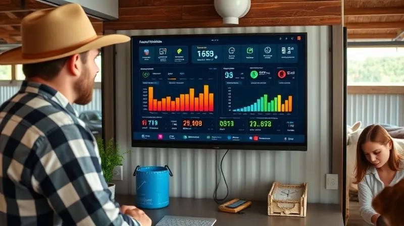 A photorealistic image of a modern farm office, with a farmer and a nutritionist looking at a large monitor displaying a user-friendly dashboard with real-time animal performance data, including graphs and key metrics. The scene emphasizes technology and data-driven decision-making in agriculture, with cinematic lighting and sharp focus on the screen, 8K hyper-detailed, shot on a high-end DSLR. A photorealistic image of a modern farm office, with a farmer and a nutritionist looking at a large monitor displaying a user-friendly dashboard with real-time animal performance data, including graphs and key metrics. The scene emphasizes technology and data-driven decision-making in agriculture, with cinematic lighting and sharp focus on the screen, 8K hyper-detailed, shot on a high-end DSLR.