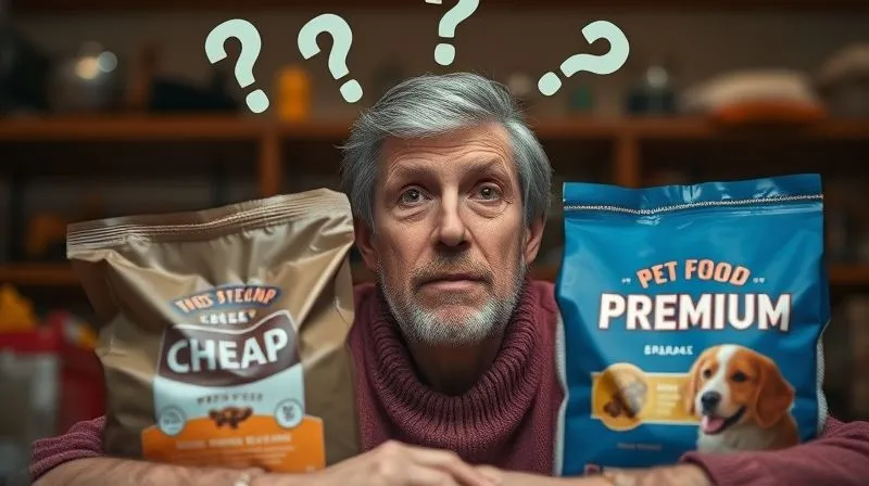 A photorealistic image of a pet owner looking confused and overwhelmed by two different bags of pet food, one cheap and one premium, with question marks floating above their head. Cinematic lighting, sharp focus on the bags and owner, depth of field, 8K, professional photography, shot on a high-end DSLR.