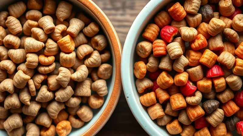A photorealistic close-up of two bowls of pet food side-by-side, one with dull, generic kibble and the other with vibrant, high-quality premium kibble, with a clear visual difference in texture and color. Cinematic lighting, sharp focus on the food, depth of field, 8K, professional photography, shot on a high-end DSLR.
