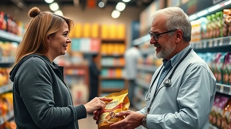 A photorealistic image of a friendly pet store expert or veterinarian engaging in a deep, empathetic conversation with a pet owner, pointing to a bag of premium pet food. The expert is radiating knowledge and trustworthiness. Cinematic lighting, sharp focus on their interaction, depth of field, 8K, professional photography, shot on a high-end DSLR.