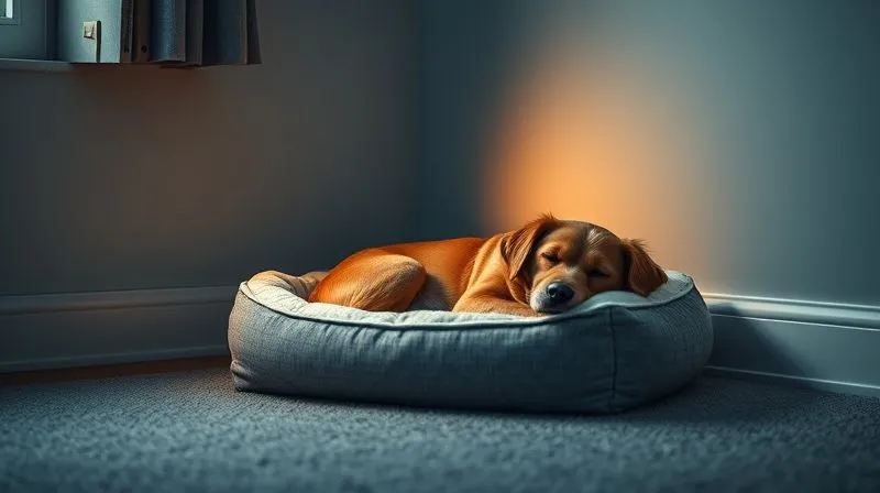 Photorealistic image of a cozy, dimly lit pet bed in a quiet corner of a room, with a soft night light casting a warm glow. An elderly dog is peacefully sleeping in the bed. Professional photography, 8K, cinematic lighting, sharp focus on the dog and bed, depth of field, shot on a high-end DSLR.