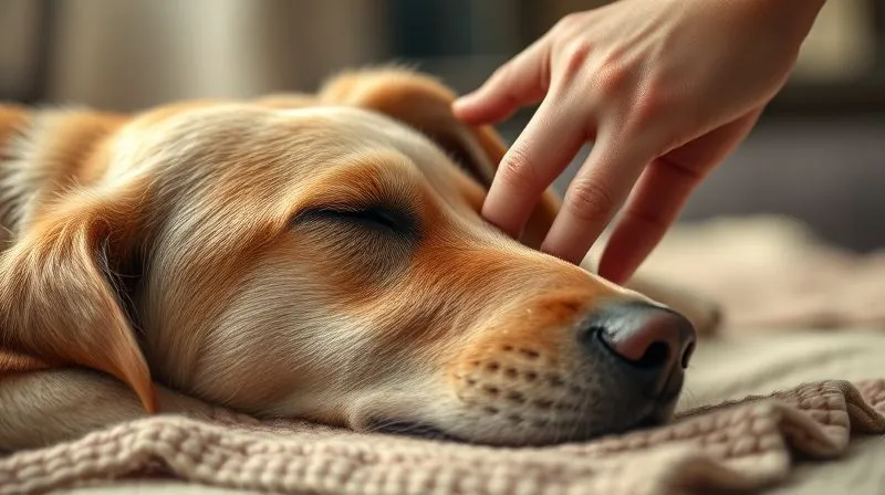Photorealistic image of a human hand gently stroking an elderly dog's fur, the dog is resting with eyes closed, looking peaceful. The scene is warm and comforting, with soft, diffused lighting. Professional photography, 8K, cinematic lighting, sharp focus on the interaction, depth of field, shot on a high-end DSLR.