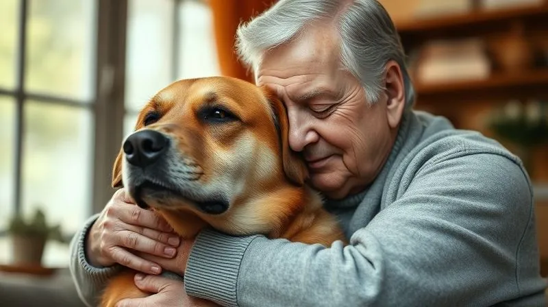 Photorealistic image of a senior human gently hugging an elderly dog, both looking peaceful and content in a warm, indoor setting. The bond between them is palpable. Professional photography, 8K, cinematic lighting, sharp focus, depth of field, shot on a high-end DSLR.
