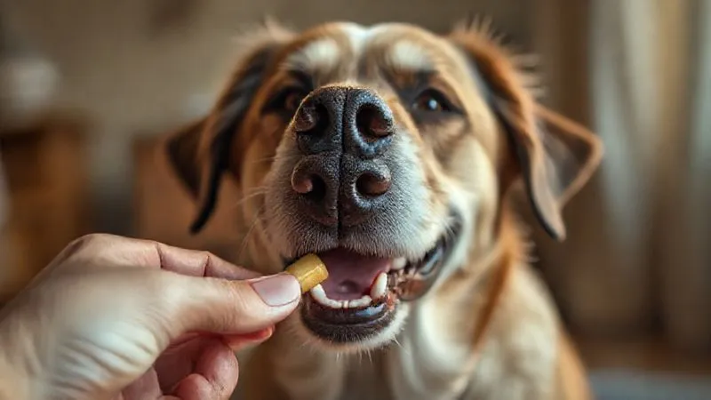 A happy, elderly dog eagerly eating a treat, with a hidden pill, a gentle hand offering it, warm indoor lighting, sharp focus on the dog's snout, photorealistic, professional photography, 8K, cinematic lighting, sharp focus, depth of field, shot on a high-end DSLR.