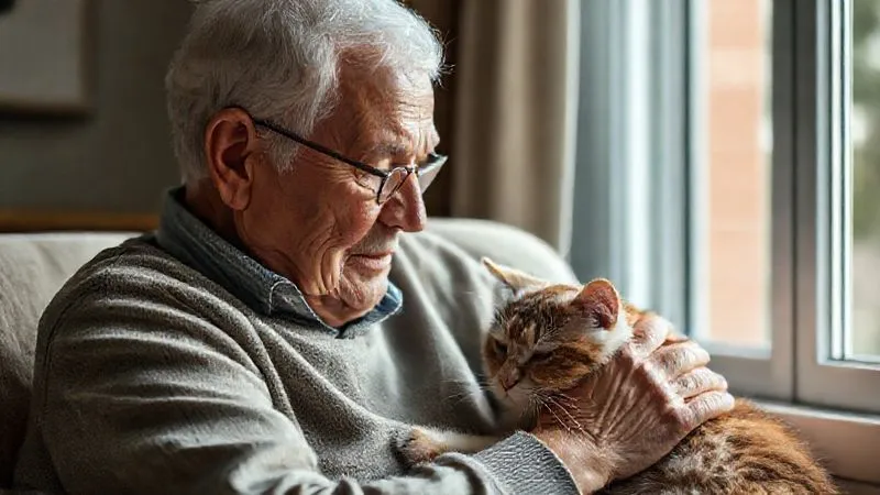 A senior pet owner gently stroking their elderly cat, both looking peaceful and connected, soft natural light through a window, emphasizing companionship and care, photorealistic, professional photography, 8K, cinematic lighting, sharp focus, depth of field, shot on a high-end DSLR.