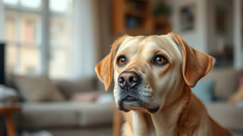 A photorealistic image of an elderly, gentle-looking dog with a slightly confused expression, looking towards a blurred background in a familiar home setting, conveying disorientation. Soft, warm cinematic lighting, sharp focus on the dog's face, with a shallow depth of field gently blurring the background. 8K hyper-detailed, professional photography, shot on a high-end DSLR. A photorealistic image of an elderly, gentle-looking dog with a slightly confused expression, looking towards a blurred background in a familiar home setting, conveying disorientation. Soft, warm cinematic lighting, sharp focus on the dog's face, with a shallow depth of field gently blurring the background. 8K hyper-detailed, professional photography, shot on a high-end DSLR.