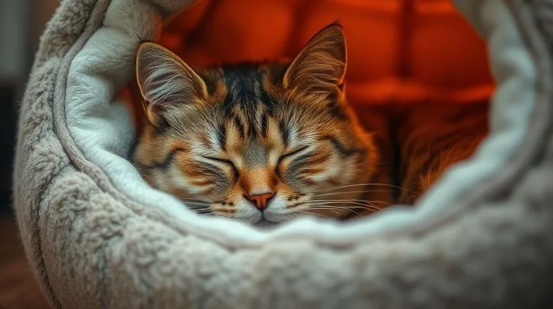 A calm elderly cat resting comfortably in a designated safe space, like a soft cat bed or a cozy nook, with warm, gentle lighting. The image should convey peace and security. Photorealistic, 8K, cinematic lighting, sharp focus on the cat, depth of field blurring the background, professional photography, shot on a high-end DSLR. A calm elderly cat resting comfortably in a designated safe space, like a soft cat bed or a cozy nook, with warm, gentle lighting. The image should convey peace and security. Photorealistic, 8K, cinematic lighting, sharp focus on the cat, depth of field blurring the background, professional photography, shot on a high-end DSLR.