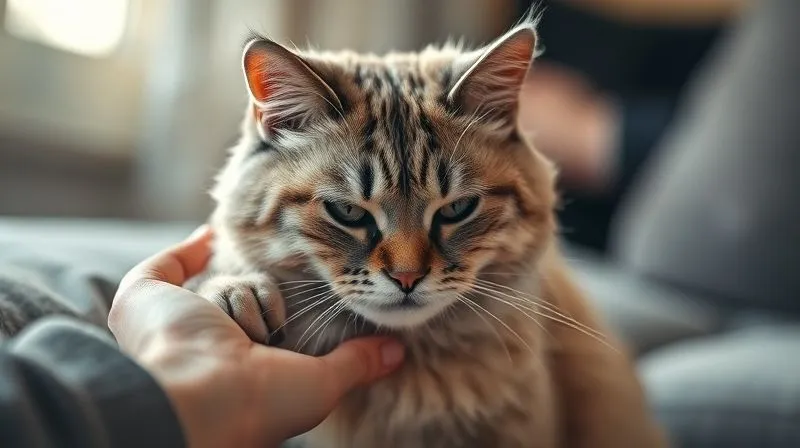 A photorealistic image of an elderly cat with a look of subtle discomfort, perhaps favoring a paw or showing tension in its body, with a gentle, caring human hand reaching out cautiously. Soft, diffused lighting, sharp focus on the cat, depth of field blurring a home environment. Professional photography, 8K, cinematic lighting, shot on a high-end DSLR.