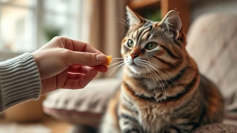 A photorealistic image of a gentle human hand offering a small, healthy treat to an elderly cat that is calmly sitting. The cat's eyes are soft, and its body language is relaxed. Warm, inviting light, sharp focus on the interaction, depth of field blurring a cozy home background. Professional photography, 8K, cinematic lighting, shot on a high-end DSLR.