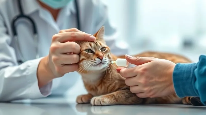 A photorealistic image of a veterinarian gently administering a small, liquid medication to an elderly cat, with the cat looking calm and cooperative. The setting is a clean, professional vet clinic with soft lighting. Sharp focus on the interaction, depth of field blurring the background. Professional photography, 8K, cinematic lighting, shot on a high-end DSLR.