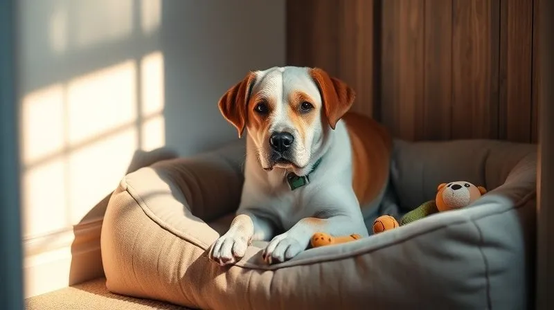 A cozy, safe corner for an elderly dog, with a soft orthopedic bed, low lighting, and familiar toys, conveying comfort and security. Photorealistic, professional photography, 8K, cinematic lighting, sharp focus, depth of field blurring the background, shot on a high-end DSLR. A cozy, safe corner for an elderly dog, with a soft orthopedic bed, low lighting, and familiar toys, conveying comfort and security. Photorealistic, professional photography, 8K, cinematic lighting, sharp focus, depth of field blurring the background, shot on a high-end DSLR.