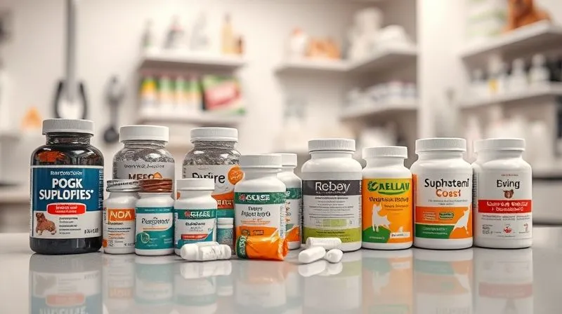 A close-up, photorealistic image of various dog-specific supplements and medications neatly arranged on a clean counter, with a blurred background of a veterinary clinic. Professional photography, 8K, cinematic lighting, sharp focus, depth of field, shot on a high-end DSLR. A close-up, photorealistic image of various dog-specific supplements and medications neatly arranged on a clean counter, with a blurred background of a veterinary clinic. Professional photography, 8K, cinematic lighting, sharp focus, depth of field, shot on a high-end DSLR.