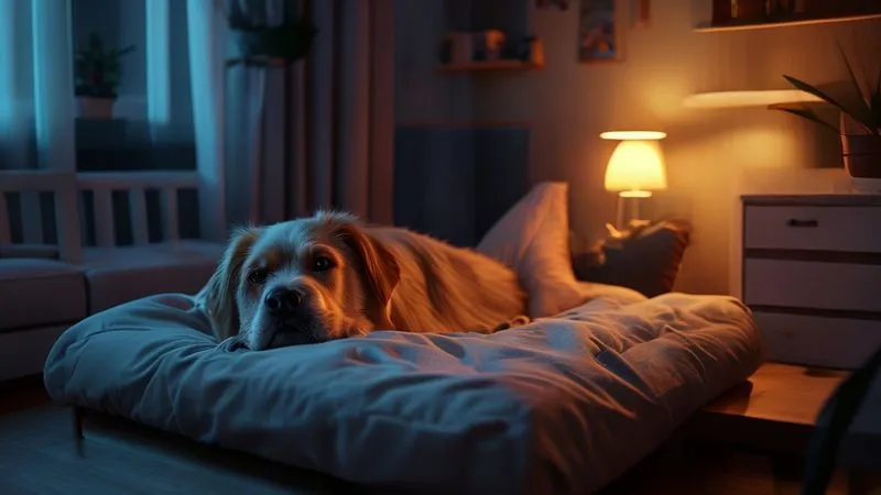 A photorealistic, professional photography, 8K, cinematic lighting, sharp focus, depth of field, shot on a high-end DSLR, of a plush, orthopedic dog bed with a soft blanket, positioned in a quiet, dimly lit corner of a cozy bedroom. A small, warm night light provides a gentle glow. The scene evokes comfort and tranquility. No text or logos. A photorealistic, professional photography, 8K, cinematic lighting, sharp focus, depth of field, shot on a high-end DSLR, of a plush, orthopedic dog bed with a soft blanket, positioned in a quiet, dimly lit corner of a cozy bedroom. A small, warm night light provides a gentle glow. The scene evokes comfort and tranquility. No text or logos.
