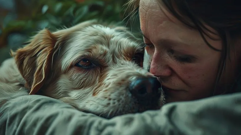 A photorealistic, professional photography, 8K, cinematic lighting, sharp focus, depth of field, shot on a high-end DSLR, of an elderly, gentle-faced dog with slightly cloudy eyes, resting its head on the lap of a kind, empathetic human. The human is softly stroking the dog's fur, providing comfort and reassurance. The scene emphasizes companionship, care, and understanding in the face of aging. No text or logos. A photorealistic, professional photography, 8K, cinematic lighting, sharp focus, depth of field, shot on a high-end DSLR, of an elderly, gentle-faced dog with slightly cloudy eyes, resting its head on the lap of a kind, empathetic human. The human is softly stroking the dog's fur, providing comfort and reassurance. The scene emphasizes companionship, care, and understanding in the face of aging. No text or logos.