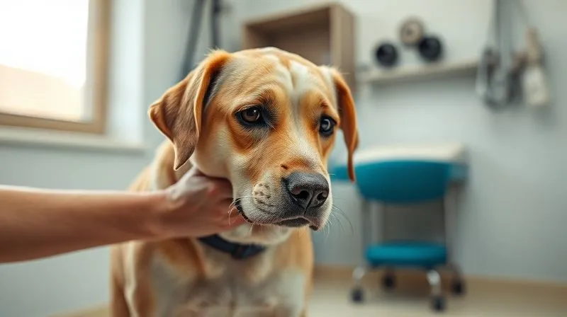A photorealistic, professional photography, 8K, cinematic lighting, sharp focus, depth of field, shot on a high-end DSLR of a senior dog looking uncomfortable, perhaps limping slightly or flinching when touched, in a soft, empathetic light. The setting is a veterinary clinic examination room. A photorealistic, professional photography, 8K, cinematic lighting, sharp focus, depth of field, shot on a high-end DSLR of a senior dog looking uncomfortable, perhaps limping slightly or flinching when touched, in a soft, empathetic light. The setting is a veterinary clinic examination room.