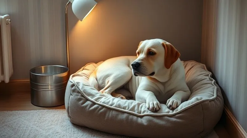A photorealistic, professional photography, 8K, cinematic lighting, sharp focus, depth of field, shot on a high-end DSLR of a cozy, safe corner for a senior dog, featuring a soft orthopedic bed, a water bowl, and a gentle light. The dog is peacefully resting, feeling secure. A photorealistic, professional photography, 8K, cinematic lighting, sharp focus, depth of field, shot on a high-end DSLR of a cozy, safe corner for a senior dog, featuring a soft orthopedic bed, a water bowl, and a gentle light. The dog is peacefully resting, feeling secure.