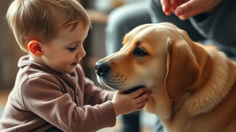 A photorealistic, professional photography, 8K, cinematic lighting, sharp focus, depth of field, shot on a high-end DSLR of a child gently and calmly interacting with a senior dog under the watchful eye of an adult, demonstrating safe and respectful interaction. The atmosphere is warm and educational. A photorealistic, professional photography, 8K, cinematic lighting, sharp focus, depth of field, shot on a high-end DSLR of a child gently and calmly interacting with a senior dog under the watchful eye of an adult, demonstrating safe and respectful interaction. The atmosphere is warm and educational.